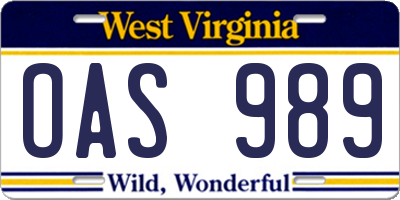 WV license plate OAS989