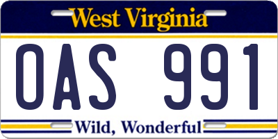 WV license plate OAS991