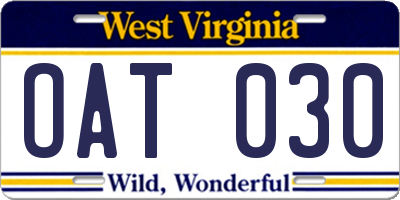 WV license plate OAT030