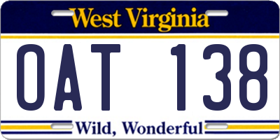 WV license plate OAT138