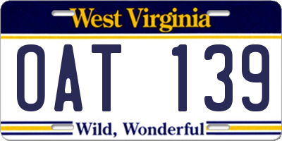 WV license plate OAT139