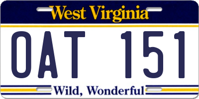 WV license plate OAT151