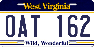 WV license plate OAT162