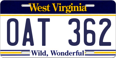 WV license plate OAT362