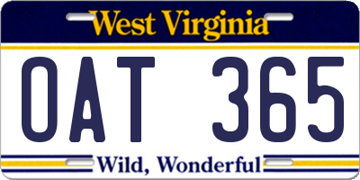 WV license plate OAT365