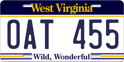 WV license plate OAT455