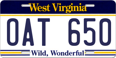 WV license plate OAT650