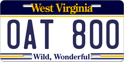 WV license plate OAT800