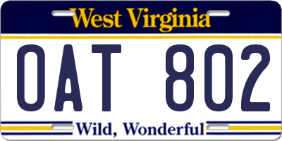 WV license plate OAT802