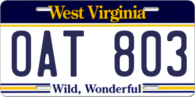 WV license plate OAT803