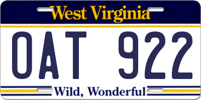 WV license plate OAT922