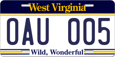 WV license plate OAU005