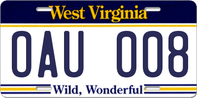 WV license plate OAU008