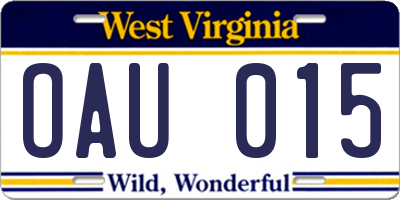 WV license plate OAU015