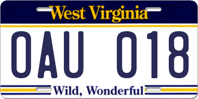 WV license plate OAU018