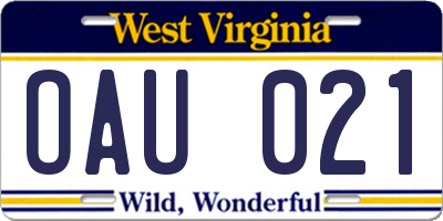 WV license plate OAU021