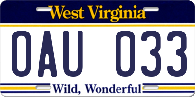 WV license plate OAU033