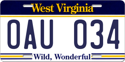 WV license plate OAU034