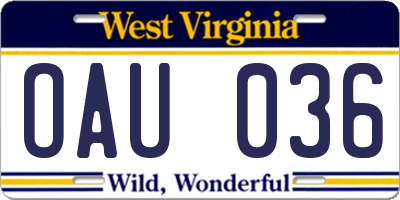 WV license plate OAU036