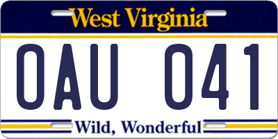 WV license plate OAU041