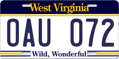 WV license plate OAU072