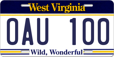 WV license plate OAU100
