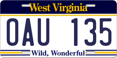 WV license plate OAU135
