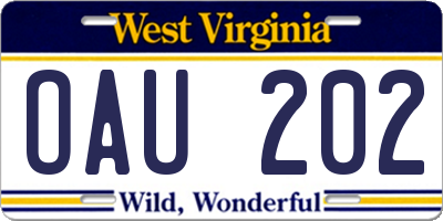 WV license plate OAU202