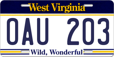 WV license plate OAU203