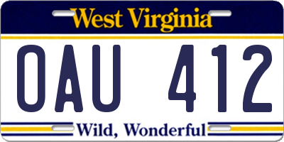 WV license plate OAU412