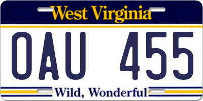 WV license plate OAU455