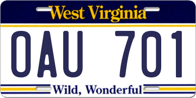 WV license plate OAU701