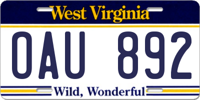WV license plate OAU892