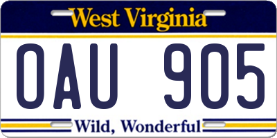 WV license plate OAU905