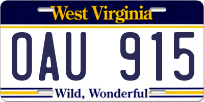 WV license plate OAU915