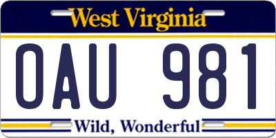 WV license plate OAU981