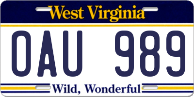 WV license plate OAU989