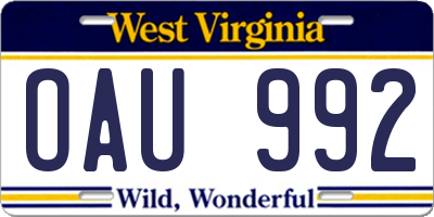 WV license plate OAU992