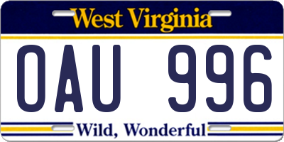 WV license plate OAU996