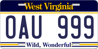 WV license plate OAU999