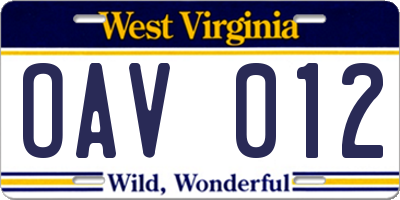 WV license plate OAV012