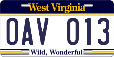 WV license plate OAV013