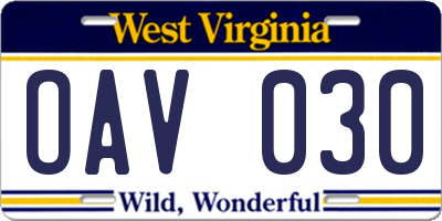 WV license plate OAV030