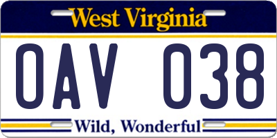 WV license plate OAV038