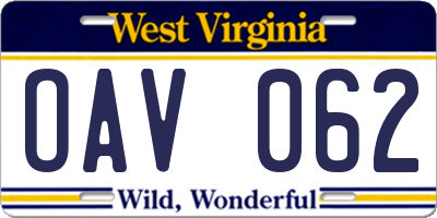 WV license plate OAV062