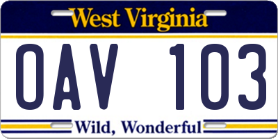 WV license plate OAV103