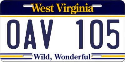 WV license plate OAV105