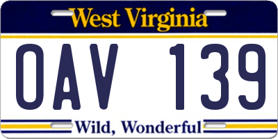 WV license plate OAV139