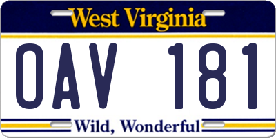 WV license plate OAV181