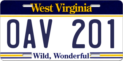 WV license plate OAV201